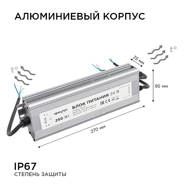 Блок питания Apeyron 24В 250Вт импульсный IP67 175-265В 10,4А 03-115