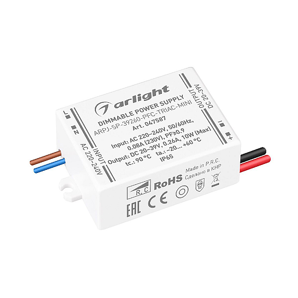 Блок питания Arlight ARPJ-SP-39260-PFC-TRIAC-MINI (10W, 20-39V, 260mA) 047587