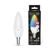 Лампа светодиодная диммируемая Gauss E14 6W RGBW свеча матовая 103101406