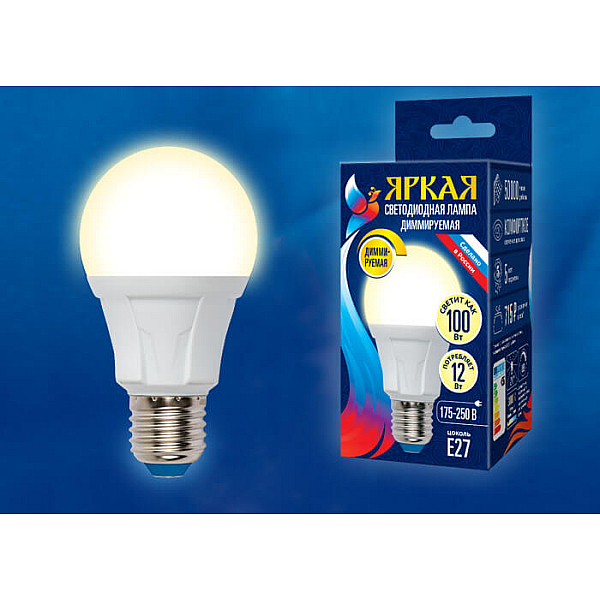Лампа светодиодная диммируемая (UL-00004290) Uniel E27 12W 3000K матовая LED-A60 12W/3000K/E27/FR/DIM PLP01WH