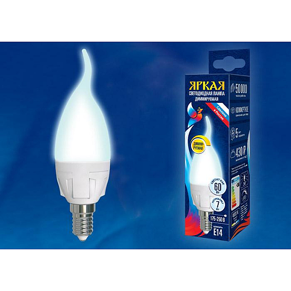 Лампа светодиодная диммируемая (UL-00004297) Uniel E27 7W 3000K матовая LED-C37 7W/3000K/E27/FR/DIM PLP01WH