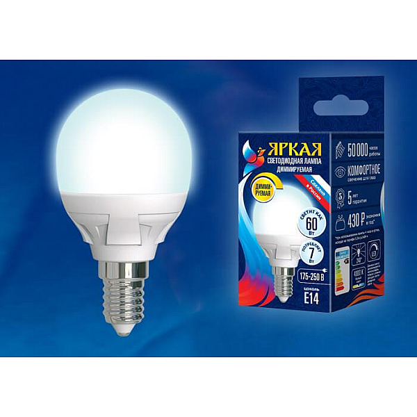 Лампа светодиодная диммируемая (UL-00004300) Uniel E14 7W 4000K матовая LED-G45 7W/4000K/E14/FR/DIM PLP01WH