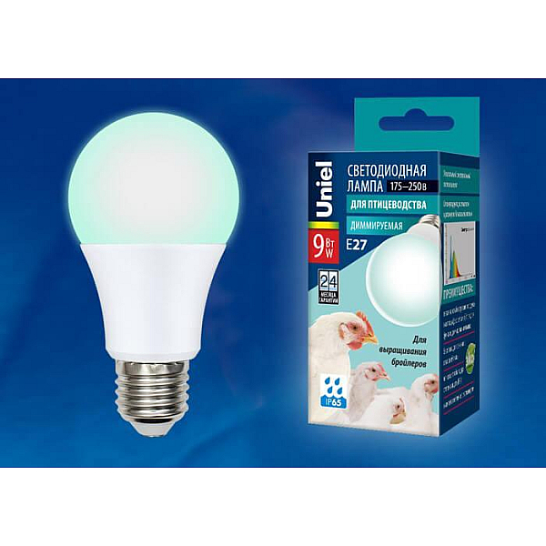 Лампа светодиодная диммируемая для бройлеров Uniel E27 9W LED-A60-9W/SCBG/E27/FR/DIM IP65 PLO65WH UL-00003190