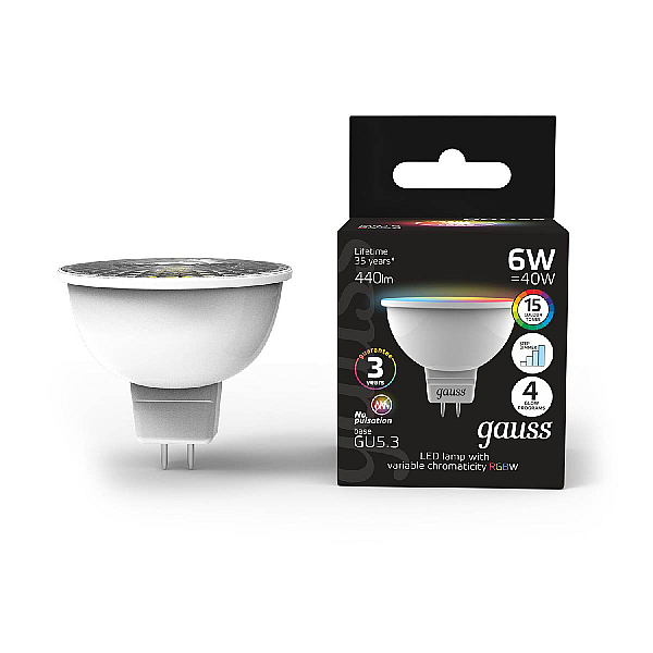 Лампа светодиодная диммируемая Gauss GU5.3 6W RGBW рефлектор матовый 101105406
