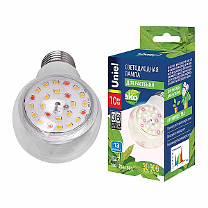 Лампа светодиодная для растений (UL-00007404) Uniel E27 10W груша прозрачная LED-A60-10W/SPFB/E27/CL PLP30WH