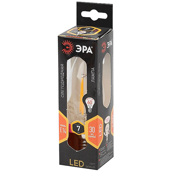 Лампа светодиодная филаментная ЭРА E14 7W 2700K прозрачная F-LED B35-7W-827-E14 Б0027942