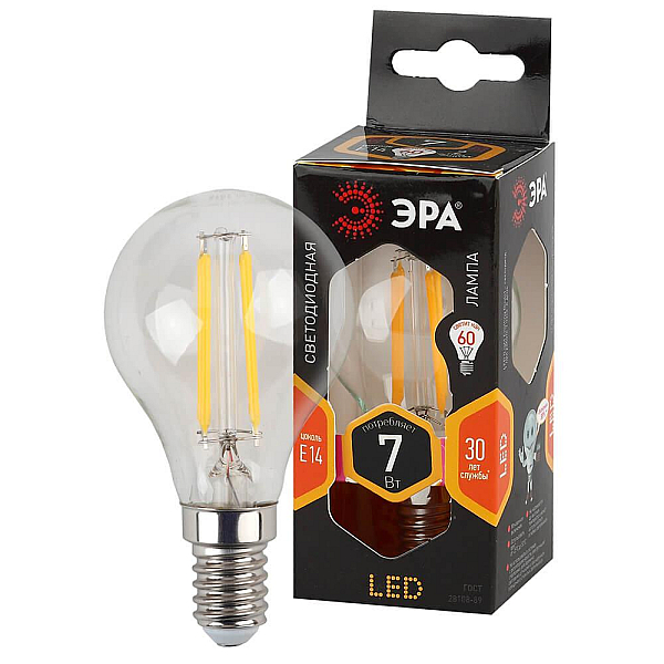 Лампа светодиодная филаментная ЭРА E14 7W 2700K прозрачная F-LED P45-7W-827-E14 Б0027946