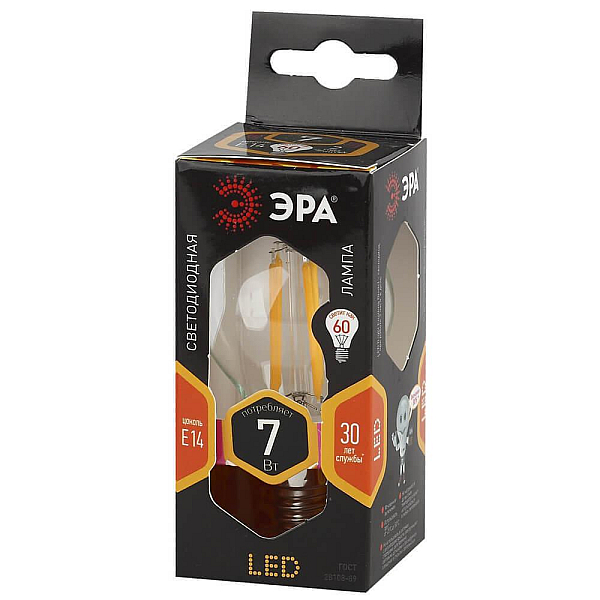 Лампа светодиодная филаментная ЭРА E14 7W 2700K прозрачная F-LED P45-7W-827-E14 Б0027946