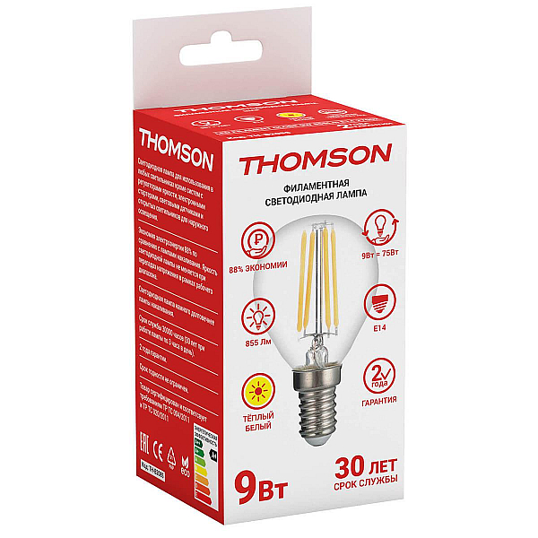 Лампа светодиодная филаментная Thomson E14 9W 2700K шар прозрачный TH-B2085