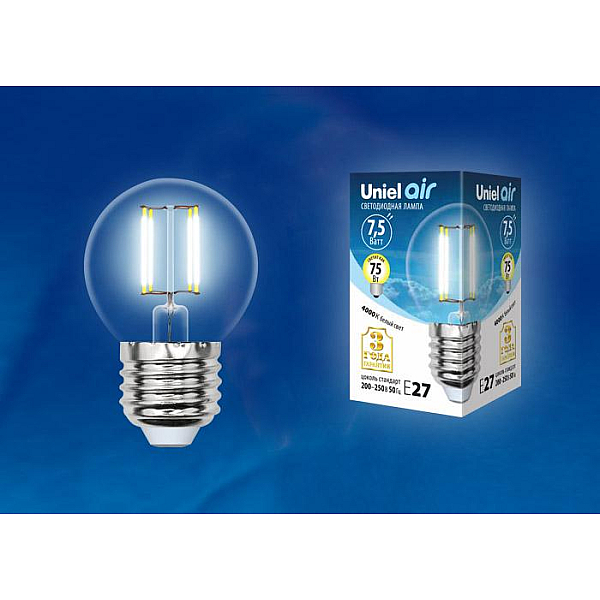 Лампа светодиодная филаментная (UL-00003252) Uniel E27 7,5W 3000K прозрачная LED-G45-7,5W/WW/E27/CL GLA01TR