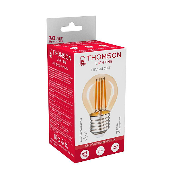 Лампа светодиодная филаментная Thomson E27 7W 2400K шар прозрачный TH-B2126