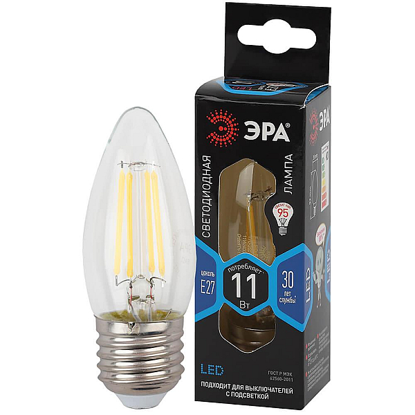 Лампа светодиодная филаментная ЭРА E27 11W 4000K прозрачная F-LED B35-11w-840-E27 Б0046988