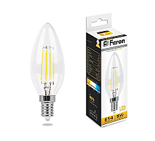 Лампа светодиодная филаментная Feron E14 5W 2700K Свеча Прозрачная LB-58 25572