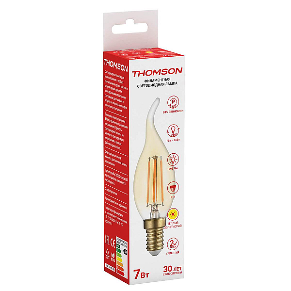 Лампа светодиодная филаментная Thomson E14 7W 2400K свеча не ветру прозрачная TH-B2118