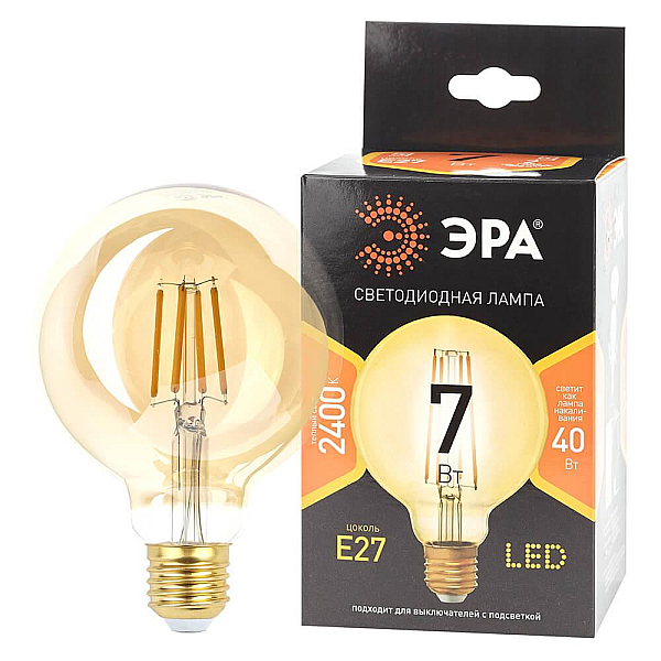 Лампа светодиодная филаментная ЭРА E27 7W 2400K прозрачная F-LED G95-7W-824-E27 gold Б0047662