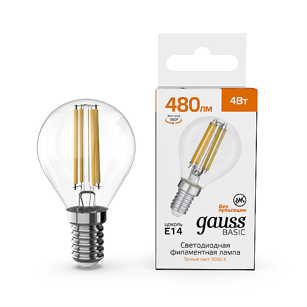 Светодиодная филаментная лампа Gauss Basic Filament E14 4W 3000K шар 50512142