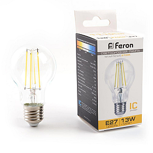 Лампа светодиодная филаментная Feron E27 13W 2700K груша прозрачная LB-613 38239