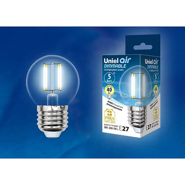 Лампа светодиодная филаментная (UL-00002871) Uniel E27 5W 4000K LED-G45-5W/NW/E27/CL/DIM GLA01TR