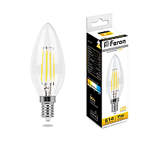 Лампа светодиодная филаментная Feron E14 7W 2700K Свеча Прозрачная LB-66 25726
