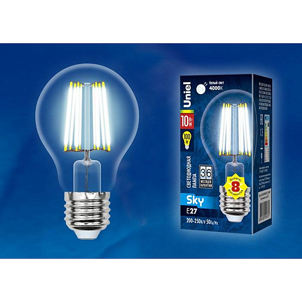 Лампа светодиодная филаментная (UL-00002626) Uniel E27 10W 4000K прозрачная LED-A60-10W/NW/E27/CL PLS02WH