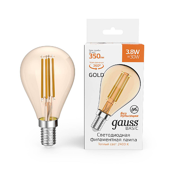 Светодиодная филаментная лампа Gauss Basic Filament E14 3,8W 2400K 1057154