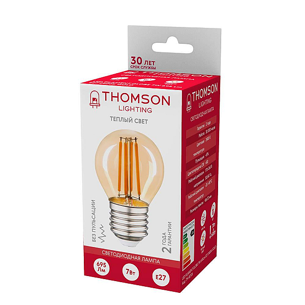 Лампа светодиодная филаментная Thomson E27 7W 2400K шар прозрачный TH-B2126