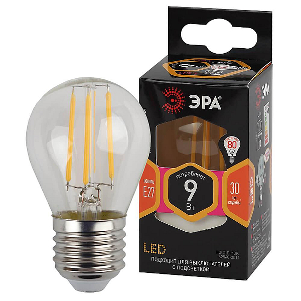 Лампа светодиодная филаментная ЭРА E14 9W 2700K прозрачная F-LED P45-9w-827-E14 Б0047020
