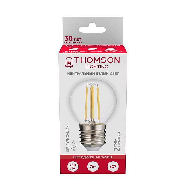 Лампа светодиодная филаментная Thomson E27 7W 4500K шар прозрачный TH-B2092