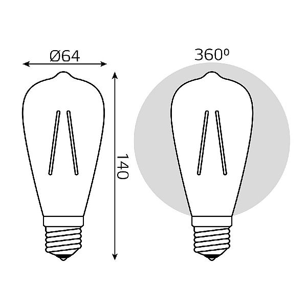 Лампа Gauss Filament ST64 6W 620lm 2400К Е27 golden диммируемая LED 1/10/40 102802006-D