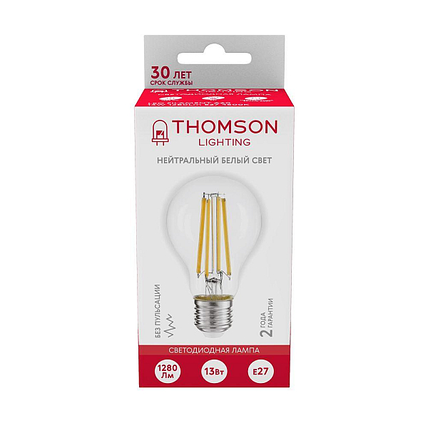 Лампа светодиодная филаментная Thomson E27 13W 4500K груша прозрачная TH-B2368