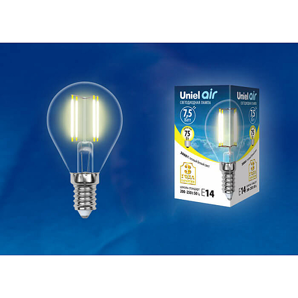 Лампа светодиодная филаментная (UL-00003250) Uniel E14 7,5W 3000K прозрачная LED-G45-7,5W/WW/E14/CL GLA01TR