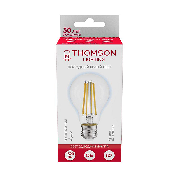 Лампа светодиодная филаментная Thomson E27 13W 6500K груша прозрачная TH-B2369