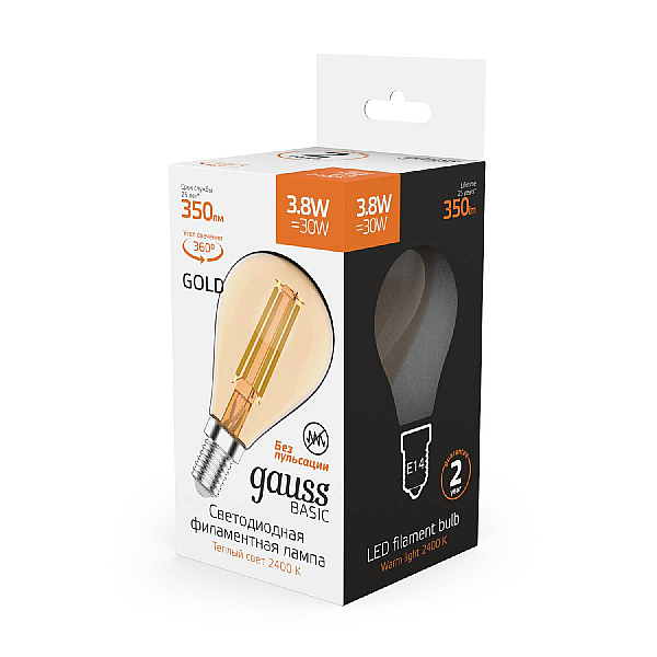 Светодиодная филаментная лампа Gauss Basic Filament E14 3,8W 2400K 1057154
