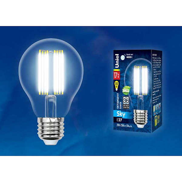 Лампа светодиодная филаментная (UL-00004871) Uniel E27 17W 4000K прозрачная LED-A70-17W/4000K/E27/CL PLS02WH