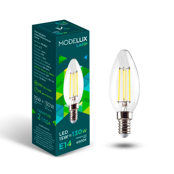 Светодиодная лампа MODELUX lamp ML2853- С35-15W-Е14-4500 clear свеча прозрачная Светодиодная лампа MODELUX lamp ML2853- С35-15W-Е14-4500 clear свеча прозрачная