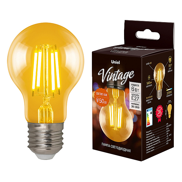 Лампа светодиодная филаментная (UL-00002355) Uniel E27 6W 2250K прозрачная LED-A60-6W/GOLDEN/E27 GLV21GO