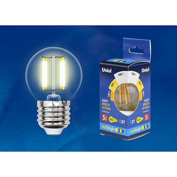 Лампа светодиодная филаментная Uniel E14 5W 3000K прозрачная LED-G45-5W/WW/E14/CL/MB GLM10TR