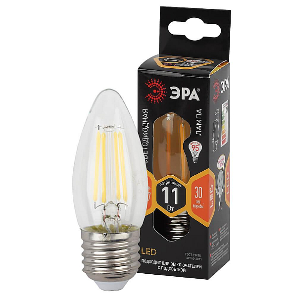 Лампа светодиодная филаментная ЭРА E27 11W 2700K прозрачная F-LED B35-11w-827-E27 Б0046986