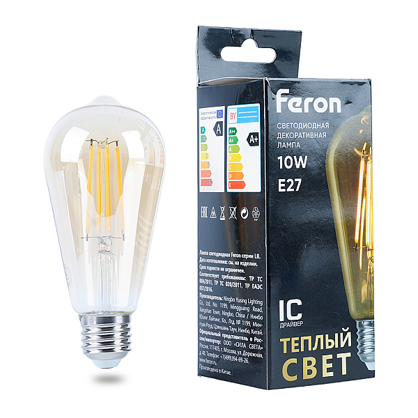 Лампа филаментная светодиодная Feron LB-64 E27 10W 2700K 52165