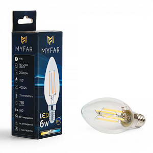 Лампа светодиодная филаментная Myfar Базис E14 свеча прозрачная MB1002E14-6W4K
