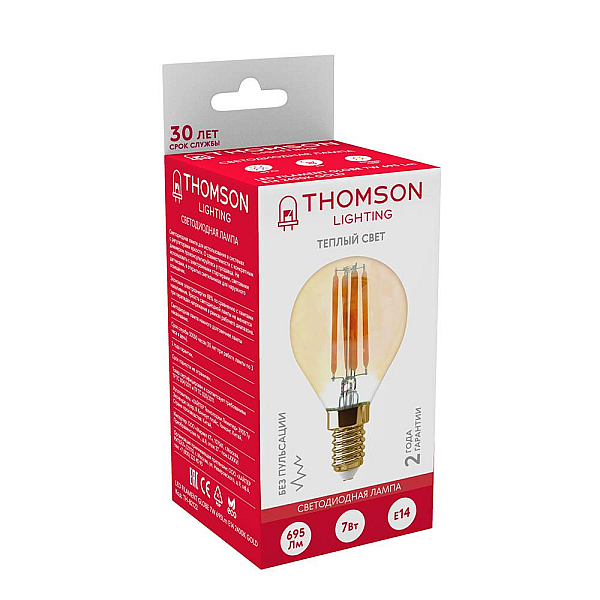 Лампа светодиодная филаментная Thomson E14 7W 2400K шар прозрачный TH-B2122