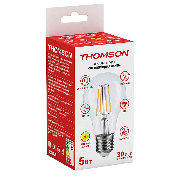 Лампа светодиодная филаментная Thomson E27 5W 2700K груша прозрачная TH-B2057