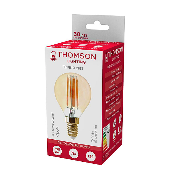 Лампа светодиодная филаментная Thomson E14 7W 2400K шар прозрачный TH-B2122