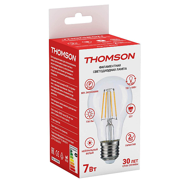 Лампа светодиодная филаментная Thomson E27 7W 4500K груша прозрачная TH-B2060