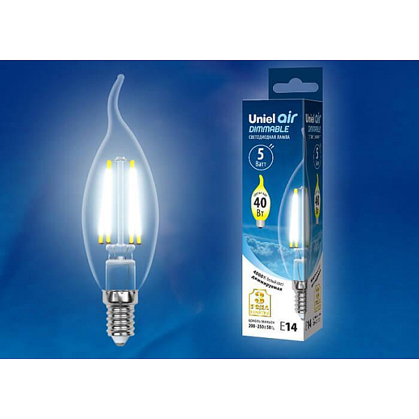 Лампа светодиодная филаментная (UL-00002865) Uniel E14 5W 4000K LED-CW35-5W/NW/E14/CL/DIM GLA01TR
