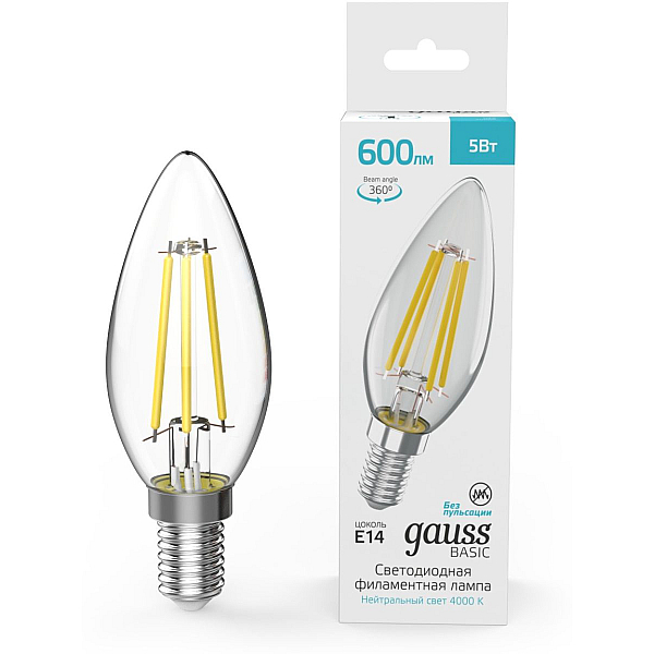 Светодиодная филаментная лампа Gauss Basic Filament E14 5W 4000K свеча 50312252