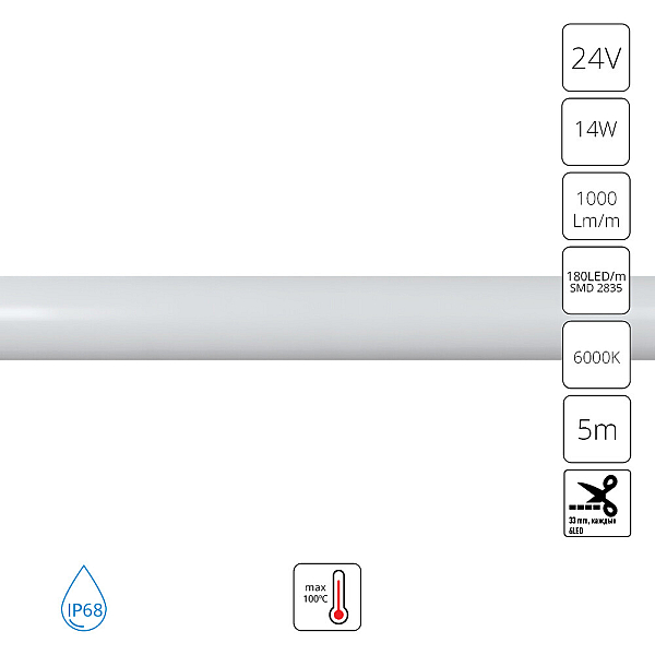 Гибкий влагозащищенный  неон Arte Lamp Neon Termo 24V 14W/m 6000K 5m IP68 A2418013-03-6K