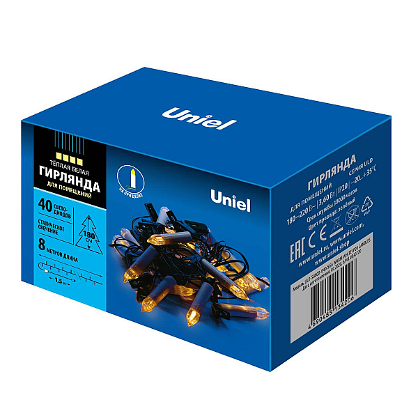 Светодиодная гирлянда Uniel Свеча (UL-00007246) теплый белый ULD-S0800-040/SGA Warm White IP20 Candles