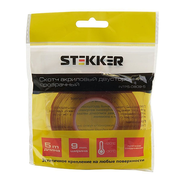 Скотч акриловый двусторонний Stekker INTP5-0809-5 0,8*9 мм,длина 5м, прозрачный, красная подложка 39144