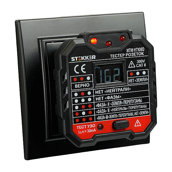 Тестер розеток и УЗО, питание от сети 230V, черный MTM HT106D 49997